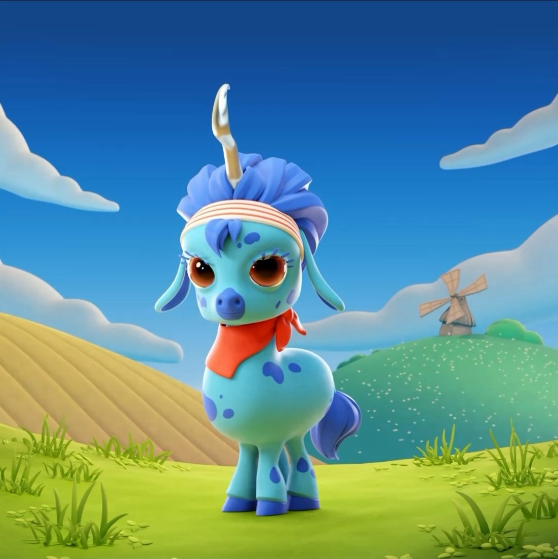 A 3D-rendered cartoon character of a blue unicorn-llama hybrid with a red bandana and headband standing in a green field with a windmill in the background.