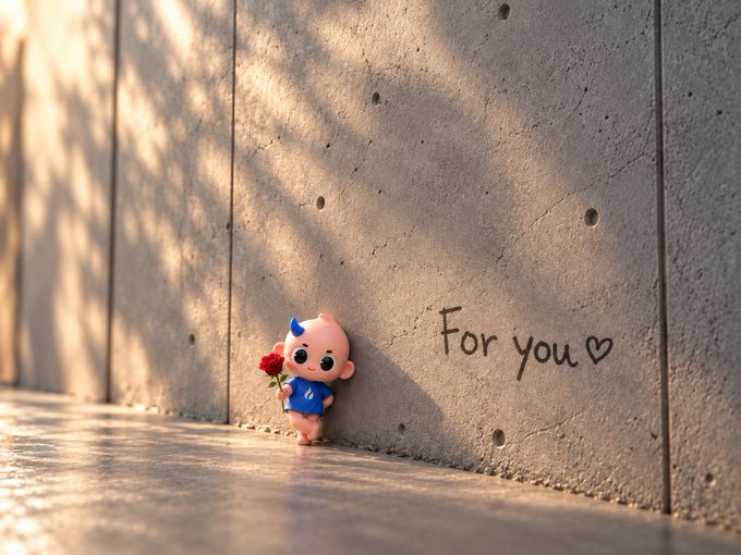 A small figurine of a horned character holding a red flower stands against a concrete wall with "For you ♡" written beside it.