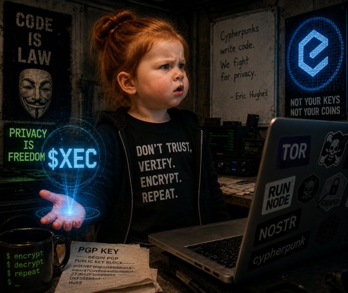 A cyberpunk-themed image of a young girl in a hacker setting, holding a glowing '$XEC' hologram, with cyberpunk and cryptocurrency text overlays including 'CODE IS LAW', 'DON'T TRUST, VERIFY, ENCRYPT, REPEAT', and 'TOR' on a laptop.