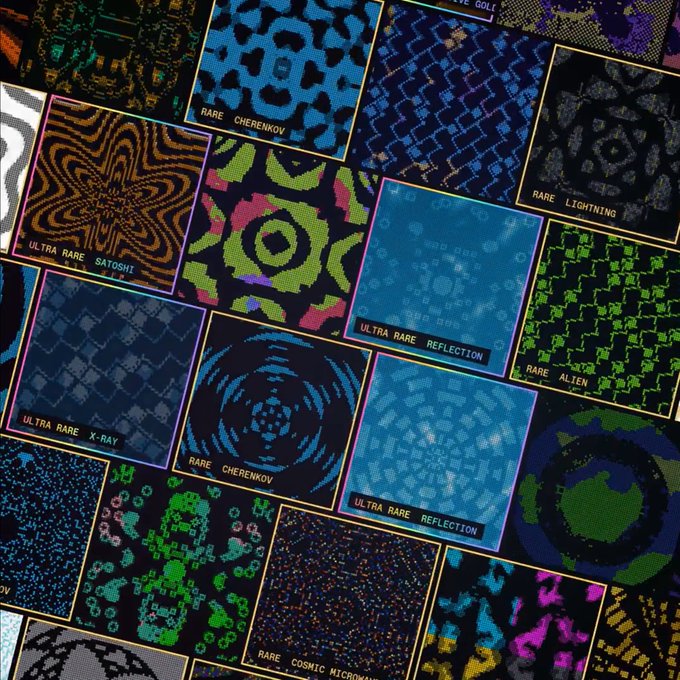 A grid of pixelated, crypto-art collectible tiles displays various patterned designs labeled with rarity tiers and styles, including "ULTRA RARE SATOSHI," "ULTRA RARE X-RAY," "ULTRA RARE REFLECTION," "RARE CHERENKOV," "RARE LIGHTNING," "RARE ALIEN," and "RARE COSMIC MICROWAVE," with a partially visible "RARE GOL" at the top, representing the revealed Quantum Echoes NFTs from the @quipnetwork collection now generated from quantum randomness.