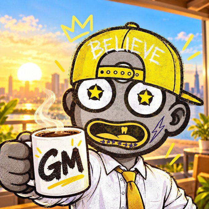 A cartoon character with gray skin, star-shaped pupils, and a yellow cap reading 'BELIEVE' holding a coffee mug labeled 'GM' against a sunset cityscape.
