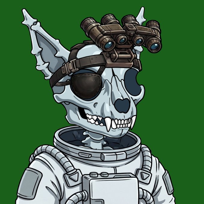 A digital illustration of an anthropomorphic skull character wearing tactical goggles, a night vision device, and a spacesuit against a green background.