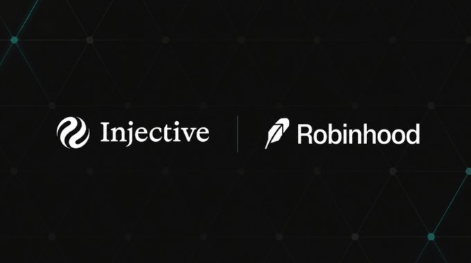 A dark graphic featuring the logos "Injective" and "Robinhood" side by side on a black background with a network-like pattern.