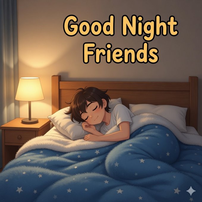 Animated illustration of a young person sleeping peacefully in bed under a starry blue blanket with the text 'Good Night Friends' displayed above.
