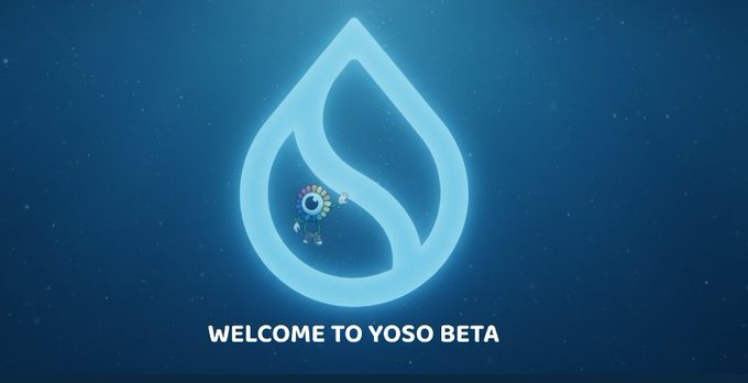 The image features an advertisement with a blue background that prominently displays a large blue water droplet logo. Below the logo, there's text welcoming visitors to Yoso Beta, which reads "Welcome To Yoso beta". The image also includes a caption about prediction markets and how they are evolving in the crypto space.