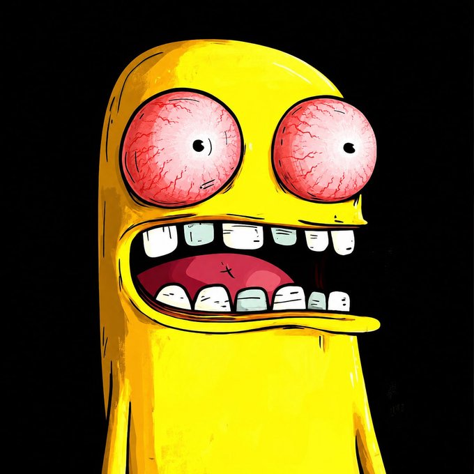 Stylized cartoon illustration of a yellow character with bulging bloodshot pink eyes and a wide-open mouth showing teeth against a black background.