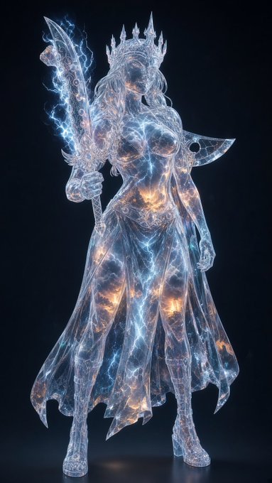 Digital art of a translucent, glowing female warrior figure wielding a staff, infused with blue energy and cosmic patterns.