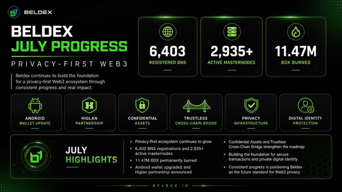 An infographic titled 'BELDEX JULY PROGRESS' detailing privacy-first Web3 ecosystem metrics, including 6,403 registered BNS, 2,935+ active masternodes, and 11.47M BDX burned.