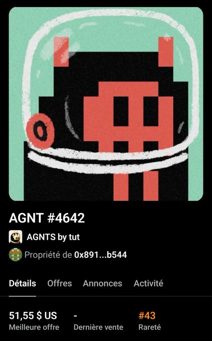 A screenshot of a digital collectible item displays a pixel art alien in a space helmet on a teal background, labeled "AGNT #4642" with a price of "51,55 $ US" and rank "#43".