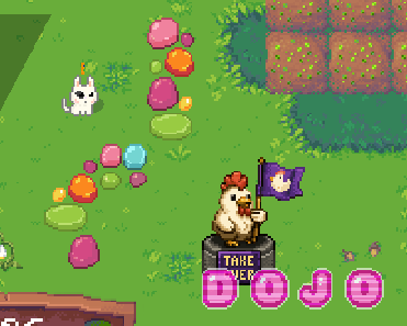 Pixel art style video game screenshot showing a chicken-like character on a pedestal with a purple flag, alongside other creatures and colorful objects on grass, with the text 'TRAIN YOUR DOJO' at the bottom.