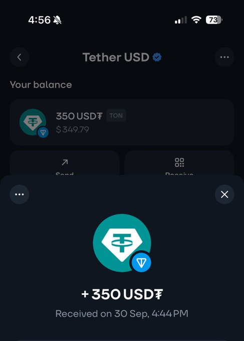 A mobile wallet screen showing a Tether USD (TON) balance of 350 USD₮ ($349.79) and a confirmation notification that '+350 USD₮' was received on Sep 30 at 4:44 PM.