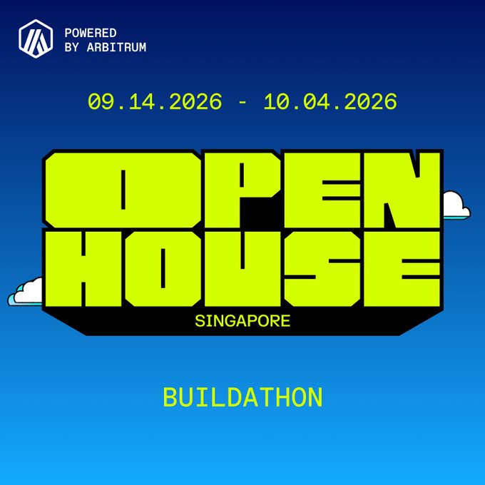 A blue and yellow graphic poster for an 'OPEN HOUSE SINGAPORE BUILDAthon' running from '09.14.2026 - 10.04.2026', 'POWERED BY ARBITRUM'.