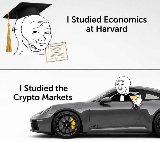 A two-panel meme comparing 'I Studied Economics at Harvard' (showing a Wojak in a graduation cap) to 'I Studied the Crypto Markets' (showing a Chad figure in a Porsche with a martini).