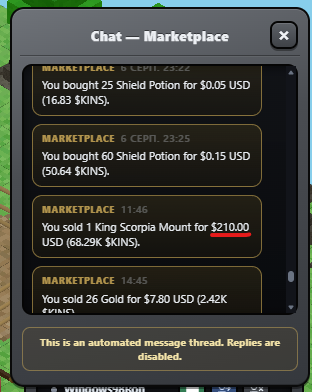 The image shows a chat interface from the "Marketplace" displaying transaction history, including purchases like "You bought 25 Shield Potion for $0.05 USD (16.83 $KINS)" and "You sold 1 King Scorpia Mount for $210.00 USD (68.29k $KINS)," as well as "You sold 26 Gold for $7.80 USD (2.42K $KINS)." These transactions illustrate the play-to-earn gameplay the post highlights, showing how the $KINS token economy allows players to earn significant USD value—like $210 from a single mount sale—through in-game activities.