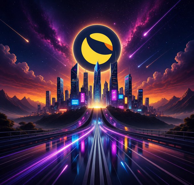 A vibrant futuristic cityscape at sunset with neon-lit skyscrapers, a glowing yellow crescent logo on a dark sphere above the city, and light trails from vehicles on a highway leading toward the skyline.