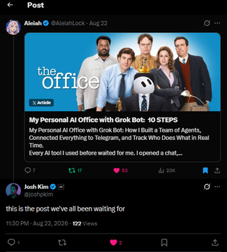 A social media post by user "AliciahLock" from August 22 features an article titled "My Personal AI Office with Grok Bot: 10 STEPS," which has received 7 reposts, 17 comments, and 33 likes. The post references a "SpaceX AI team" and mentions tokens and a "Grokbot," aligning with the caption about setting up an AI office using a Grok Bot and receiving recognition from the SpaceX AI team.