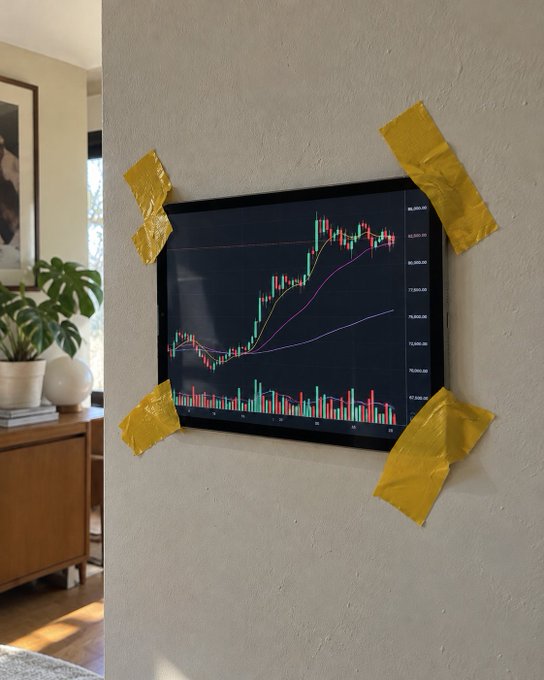 A flat-screen monitor displaying a candlestick stock chart with moving averages is mounted on a beige wall, secured at each corner with bright yellow painter's tape as a makeshift frame. The chart shows upward price movement from around 73,500 to 82,500, with "BTC/USDT" implied by the price levels, cleverly playing on the "home chart" pun from the caption.