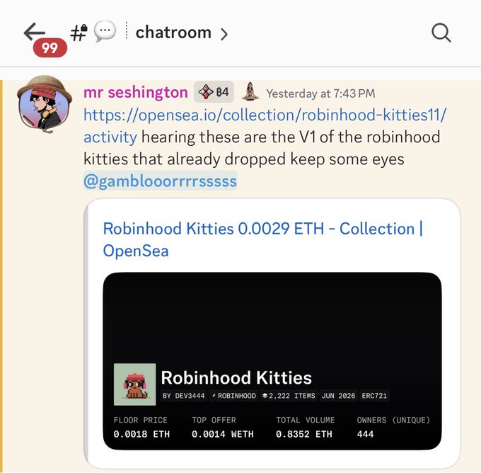 A screenshot of a Discord message from user "mr seshington" in the chatroom, sharing an OpenSea link to the Robinhood Kitties NFT collection (priced at 0.0029 ETH) and alerting @gamblooorrrsssss about the V1 drop. The image captures one of the two early calls referenced in the caption, which highlights gains of 23x from the initial entries of 0.0015E and 0.016E to the current floor price of 0.035E.