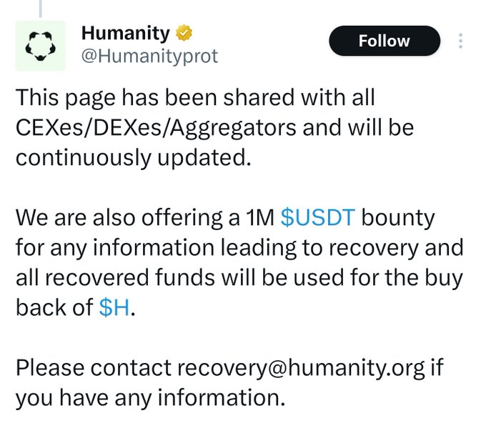 The image shows a screenshot of a social media post from @Humanity, which appears to be about a recovery attempt for a stolen $1m bounty. The post includes a message that says "This page has been shared with all CEXES/DExes(aggregators and will be continuously updated." It also mentions that the recovery attempt is being offered for any information leading to recovery, and that the recovered funds will be used for the buyback of $H.