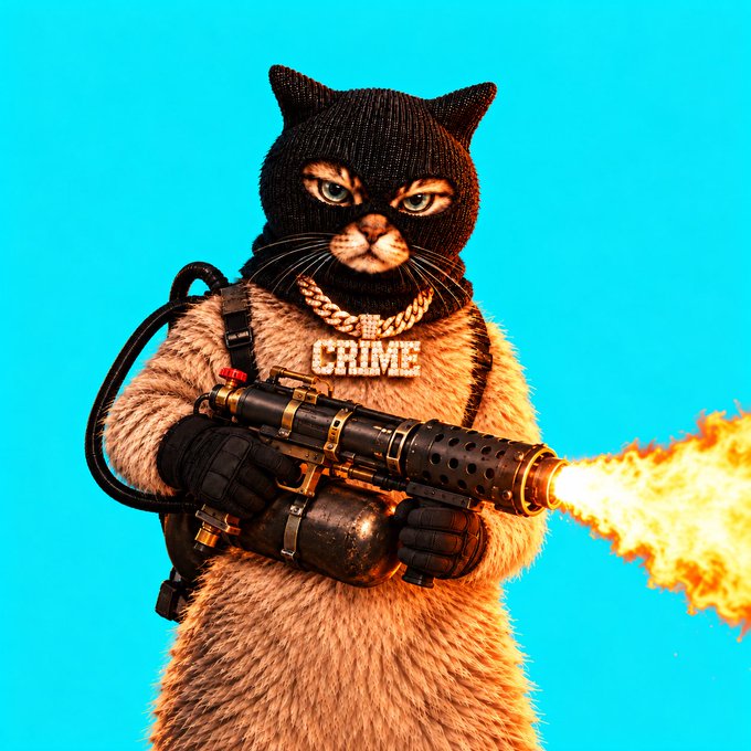A digital illustration of a cat wearing a ski mask and a gold chain that reads 'CRIME', wielding a flamethrower against a turquoise background.