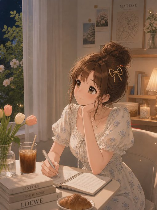 An anime-style illustration of a girl in a floral dress sitting at a table with books labeled 'KINFOLK', 'LESS IS MORE', and 'LOEWE', writing in a notebook with a croissant and flowers nearby.