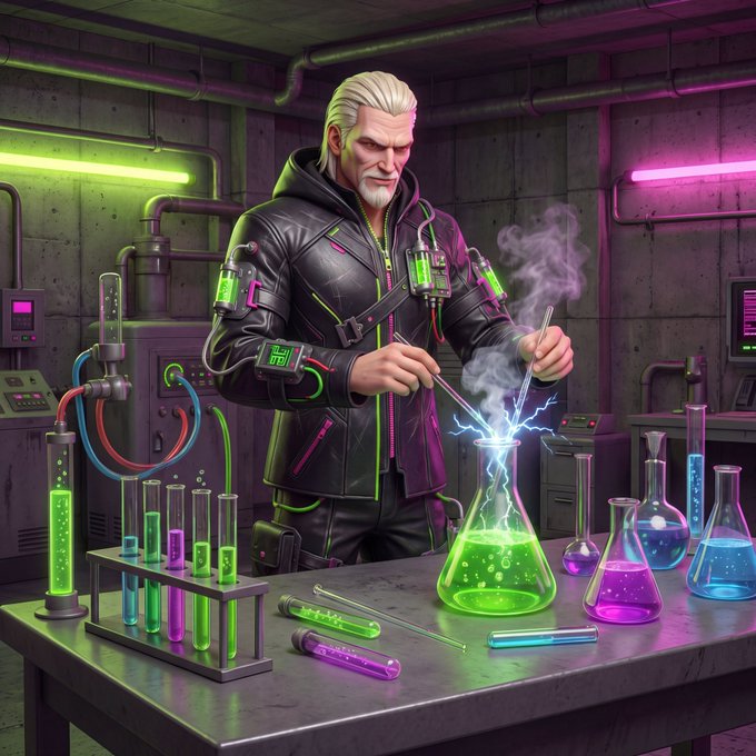 Digital artwork of a white-haired man in a black leather jacket working in a neon-lit laboratory with glowing green, pink, and blue chemistry flasks.