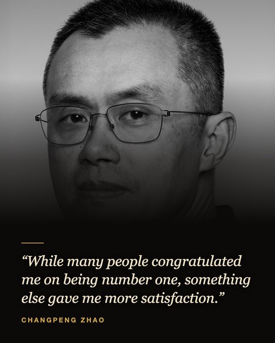 A black-and-white portrait of Changpeng Zhao ("CZ"), founder of Binance, shown above the quote: "While many people congratulated me on being number one, something else gave me more satisfaction." The image visually accompanies a post reflecting on a passage from his book *Freedom of Money* about finding greater fulfillment beyond Binance becoming the world's top crypto exchange.