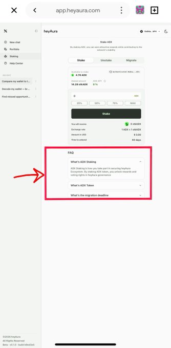 Mobile screenshot of app.heyAura.com showing the Stake ADS interface with a highlighted FAQ section explaining ADS staking, ADS tokens, and migration deadlines.
