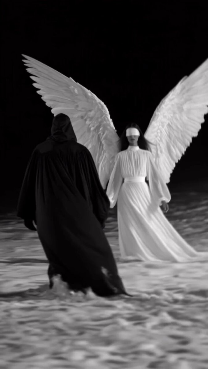 The image shows a man wearing a hooded cape walking away from another woman who has white wings, possibly an angel or fairy. The scene appears to be set against a black background with some water visible in the foreground. The caption of the image reads "RUN CMD://{[TAO]}//".