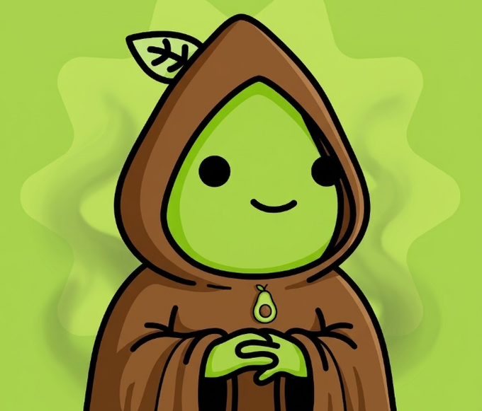 A cartoon drawing of a green, smiling character wearing a brown hooded robe with a leaf attached to it and a small avocado necklace.