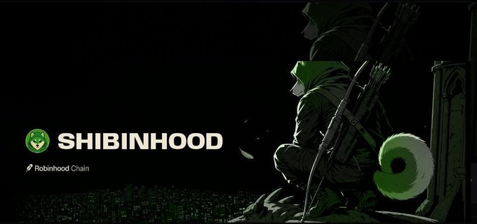 The image shows a stylized green and black illustration featuring a hooded archer figure crouched on a rooftop overlooking a cityscape, with the "SHIBINHOOD" logo prominently displayed alongside a Shiba Inu emblem and "Robinhood Chain" text. The artwork cleverly merges Shiba Inu crypto imagery with Green Arrow-inspired Robinhood branding, visually representing the $WOOF community's identification with the "Shibinhood" concept.