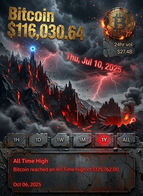 A dramatic, fiery Bitcoin price display showing 'Bitcoin $116,030.64' dated 'Thu, Jul 10, 2025', with a 24hr volume of $27.4B and a note about an all-time high of $125,762.00 on Oct 06, 2025.