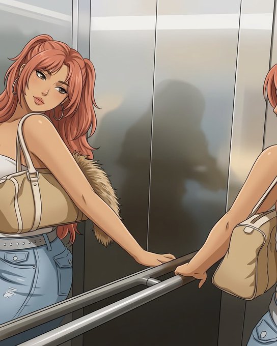 An anime-style illustration depicts a woman with pink hair wearing a tank top and jeans, standing in an elevator with her reflection visible in the mirror behind her.
