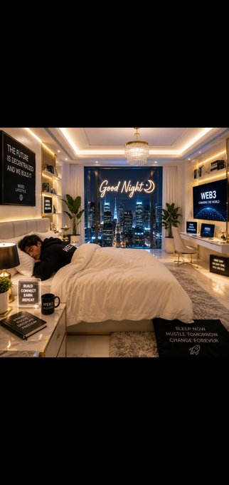 A cozy, modern bedroom interior at night with a 'Good Night' neon sign on the window, a person lying in bed, and various motivational wall art including 'THE FUTURE IS DECENTRALIZED AND WE BUILD IT' and 'WEB3'.