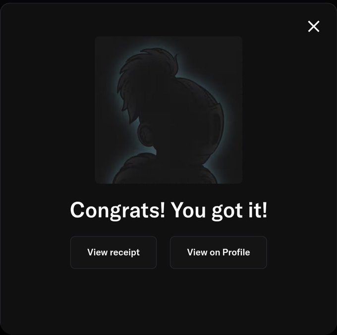 A dark modal window displays "Congrats! You got it!" with a silhouetted cartoon character avatar, along with "View receipt" and "View on Profile" buttons, celebrating the user's successful acquisition of a GuildGrime NFT matching their goal of collecting multiple pieces.