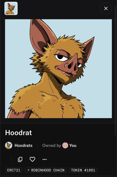 This is an image of a "Hoodrat" NFT, token #1861, owned by "You" on the Robinhood Chain. The image is consistent with the accompanying post which discusses minting a Hoodrat NFT.
