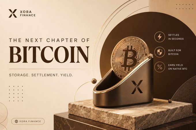 A sleek bronze-and-gold promotional graphic for Xora Finance displays the headline "THE NEXT CHAPTER OF BITCOIN" alongside "STORAGE. SETTLEMENT. YIELD." The image features a metallic Bitcoin coin resting in a branded cradle on a stone pedestal, highlighting features like "SETTLES IN SECONDS," "BUILT FOR BITCOIN," and "EARN YIELD ON NATIVE BTC," visually reinforcing the post's message about unlocking up to 14% APR yield on native BTC through the XRP Ledger.