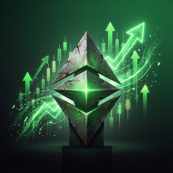 A 3D Ethereum logo surrounded by glowing green upward-pointing arrows and candlestick chart patterns, symbolizing cryptocurrency market growth.