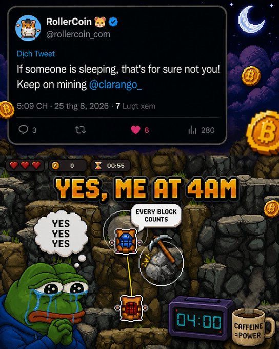 A gaming meme image showing a crying Pepe mining crypto at 4AM with 'YES, ME AT 4AM' text, overlaid with a tweet from @rollercoin_com encouraging mining at @clarango_.