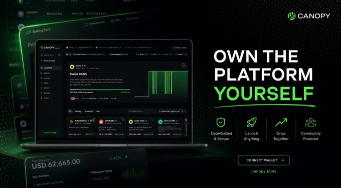 The image features an open laptop screen displaying a dashboard with various symbols representing different elements of cryptocurrency trading. Below the screen is a banner that reads "OWN THE PLATFORM YOURSELF", indicating that users have control over their own trading platforms, while the rest of the image focuses on the details and functionality of the cryptocurrency trading platform shown on the screen.