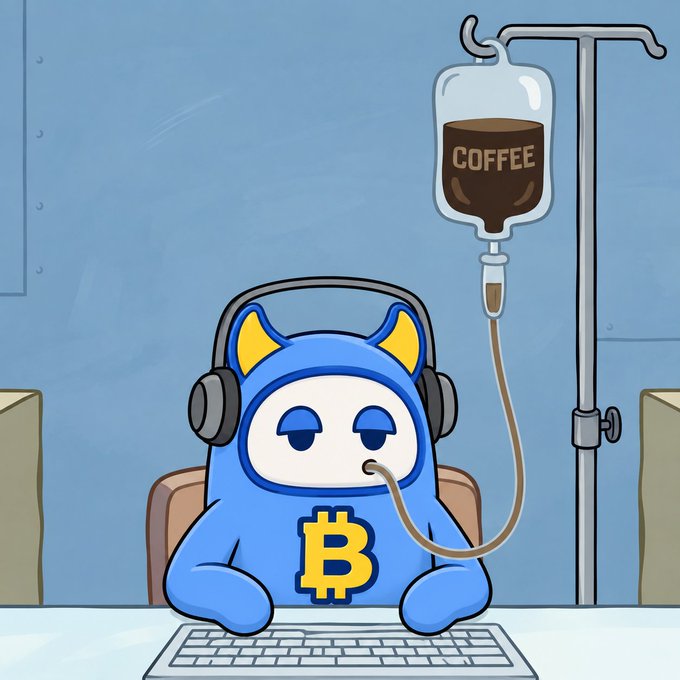 An illustration of a blue cartoon character with a Bitcoin logo on its chest, wearing headphones and receiving an IV drip of coffee while typing.