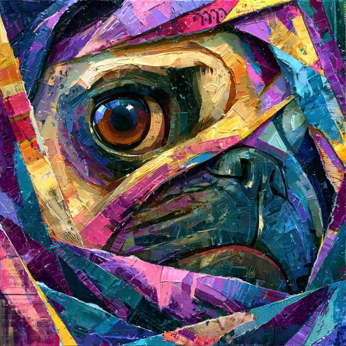 A vibrant, abstract digital painting featuring a stylized eye in rich purples, pinks, blues, and golds with bold, geometric brushstrokes.