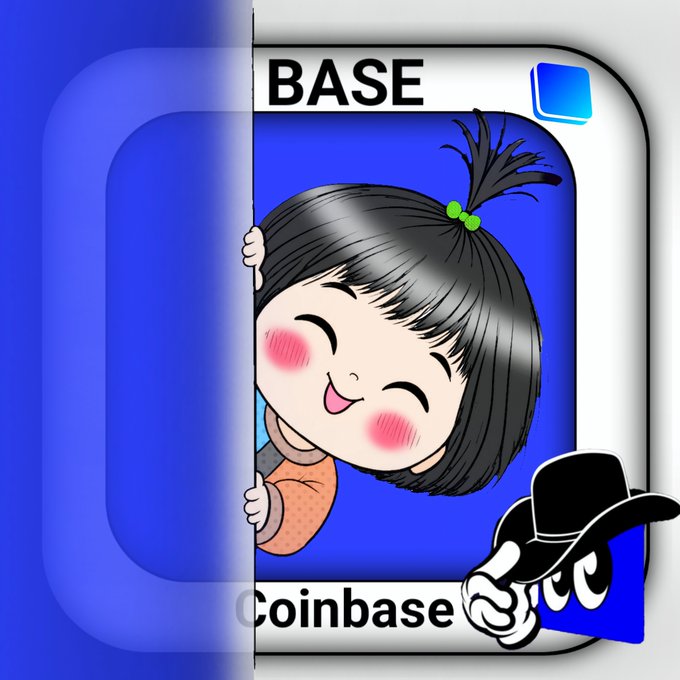 A digital illustration shows a cartoon girl peeking out from behind a blue panel labeled 'BASE' and 'Coinbase'.