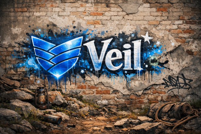 Graffiti-style artwork on a weathered brick wall featuring a blue winged logo and the word 'Veil' in stylized white letters with stars and dripping paint effects. A small lantern and rocky ground are visible at the base of the wall.