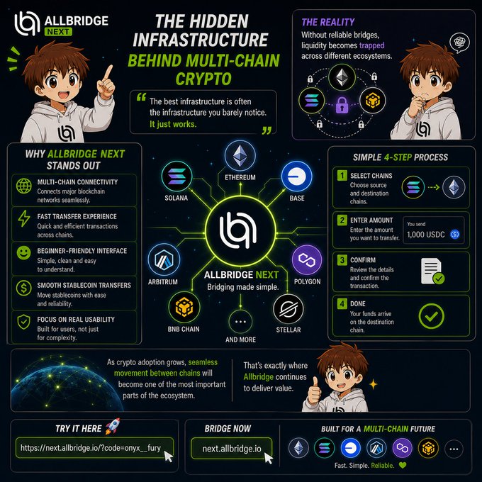 A promotional infographic for Allbridge Next titled 'The Hidden Infrastructure Behind Multi-Chain Crypto,' detailing its features for bridging assets across chains like Solana, Ethereum, and Base.