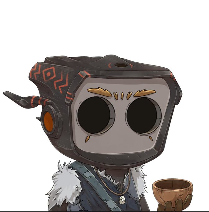 A cartoon character with a robotic TV-like head featuring dark circular eyes and gold accents, wearing a fur-trimmed vest and holding a wooden bowl.