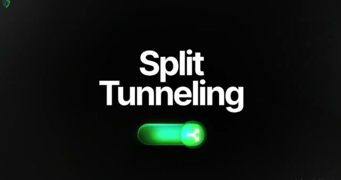 A digital display showing 'Split Tunneling' text in white above a glowing green toggle switch icon against a black background.