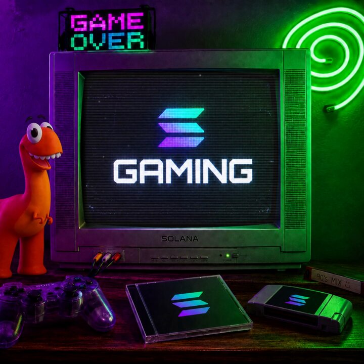 The image features a retro television set with the word "GAMING" displayed prominently across its screen, along with a cartoon dinosaur figurine standing next to it. The backdrop of the scene includes neon lights that add a vibrant touch to the overall atmosphere. In front of the television and dinosaur, there are two CDs placed on top of a wooden table. The image also contains text that reads "Solanastalgia".