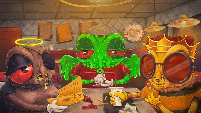 The image features three cartoon characters sitting at a table, with one of them holding a cup filled with coffee or tea. The characters are wearing funny hats and glasses, adding humor to the scene. The background includes a clock and other objects like a book and a sandwich, which further enhance the whimsical atmosphere. The post is titled "GIVEAWAY ALERT BLOWFLY x CHAINZILLA 3 GTD and 5 FCFS SPOT up for grabs. How to Enter Follow @BlowFlyHQ @JotaJota and @itsjustdax Like + Retweet ... Drop your EVM wallet and tag a friend WINNERS IN 48 HOURS!". The post seems to be promoting an event or gathering, possibly related to the characters in the image.