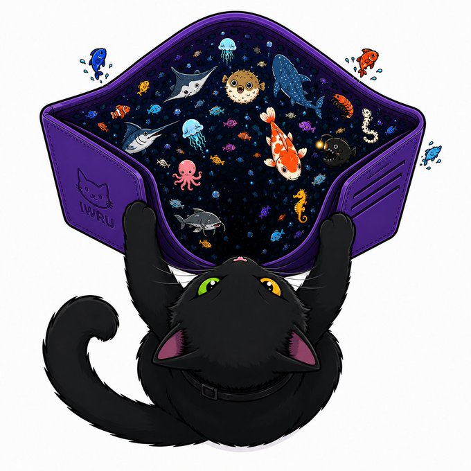 A black cat lifts a purple IWRU wallet shaped like a fish tank, its interior brimming with colorful fish and sea creatures. The scene visualizes the brand’s tagline that every wallet tells a story—full of digital collectibles built on Monad.